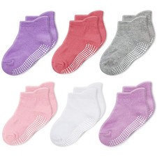 Non-Slip Multicolor Socks with Grippers, 6 Pack for Baby Girls 3-5 Years Old