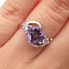 925 Sterling Silver Real Round-Cut Amethyst  C Z Ring Size 5