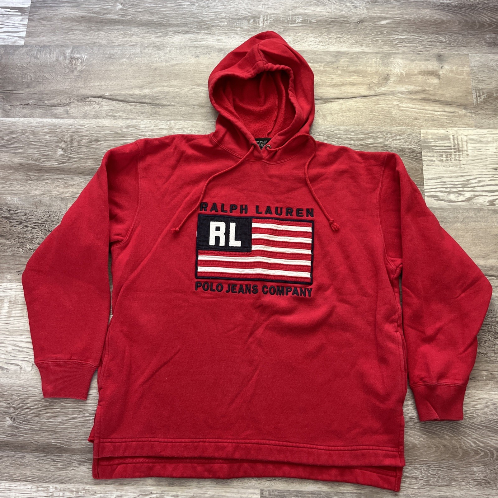 Vintage Polo Ralph Lauren Red Hoodie with American Flag -M/L With Side Pocket
