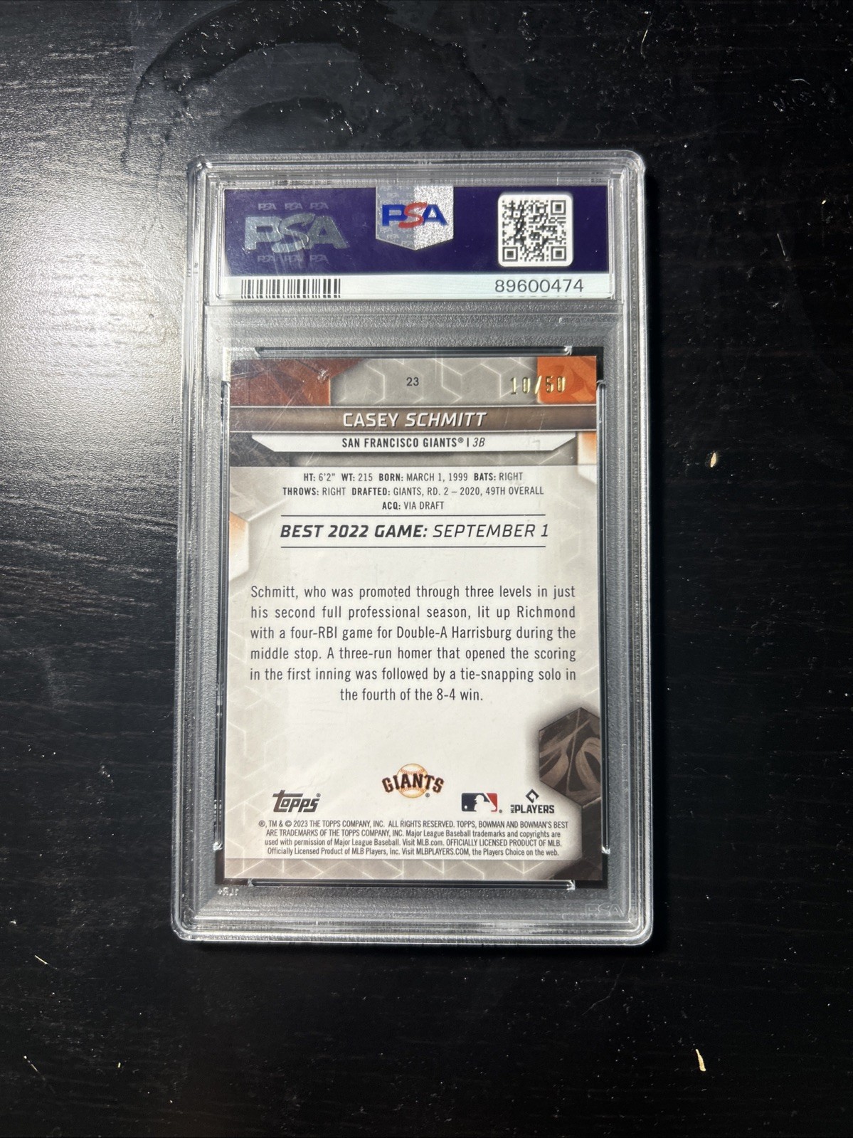 2023 Bowman's Best Casey Schmitt Gold /50 PSA 10 San Francisco Giants #23 RC view 2