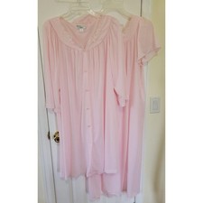 Miss Elaine Pink Nylon Penoir Robe Gown Set XL Floral Embroiderd Modest Vintage