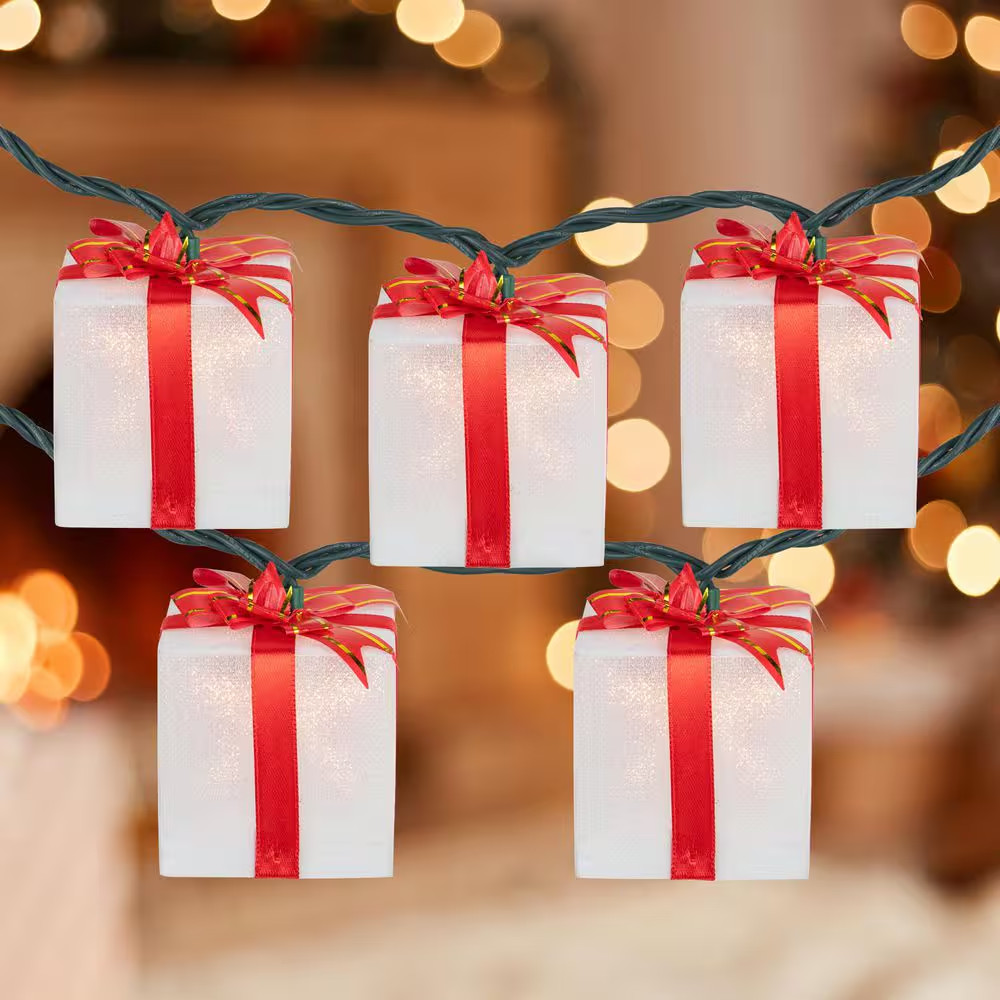 10-Count White and Red Christmas Present Light Set-7.5 Ft. Green Wire