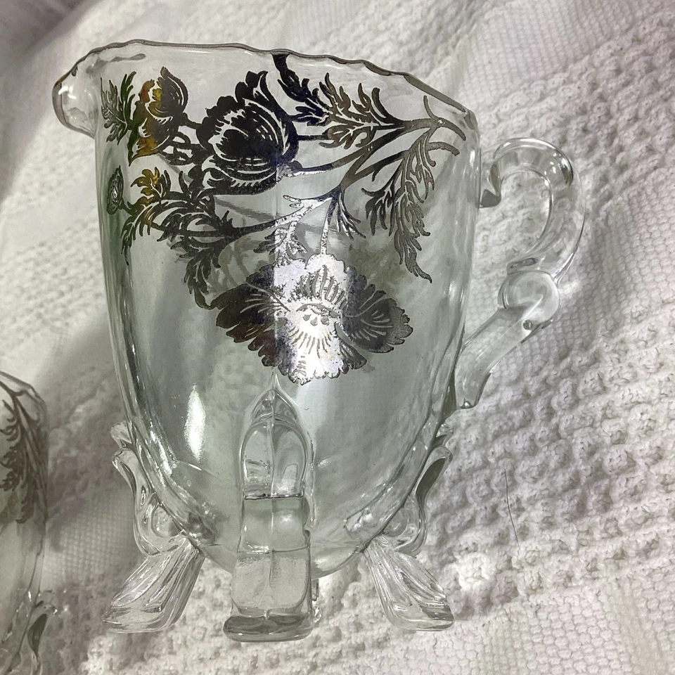 Juego de Azúcar y Crema Cristal con Patrón Floral Plateado Patas Foto 3 de 4
