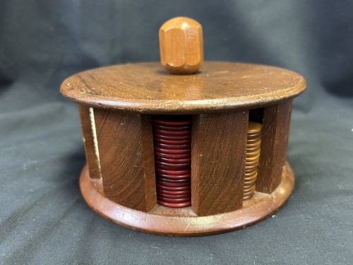 Vintage Poker Chips Set w/ Wood Caddy & Colorful Early Plastic Chips