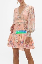 CAMILLA 100% silk printed long-sleeved mini dress V-neck crystal rhinestones