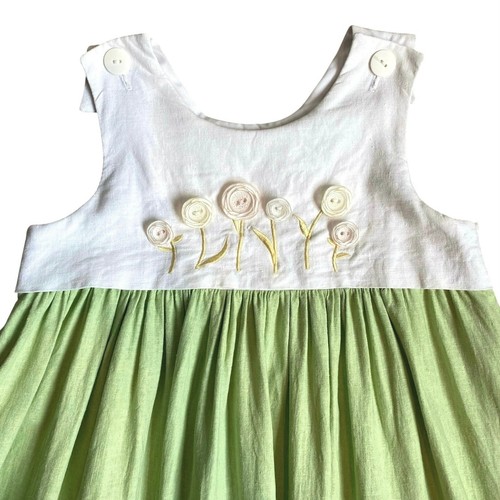 VTG Judy Lynn Linen Pinafore Twirl Dress Girls 6X 3D Shells Embroidered Floral - Picture 3 of 10
