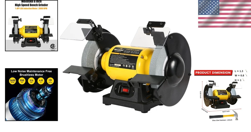 8 Inch Bench Grinder Cast Iron 4.8A 3/4HP 3600rpm Safety Eye Shields - Image 2 of 4