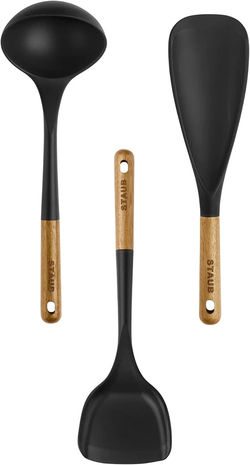 Silicone with Wood Handle Cooking Utensil Set, Matte Black, 3-Pc - Image 2 of 4