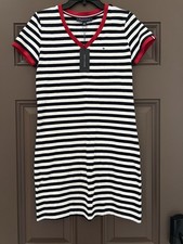 NWT Pullover Tommy Hilfiger XS Knit Dress Blue White Stripe Red Trim Logo NWT