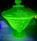 Vintage Uranium Glass Candy Dish Pedestal Lid Sharon Cabbage Rose Style