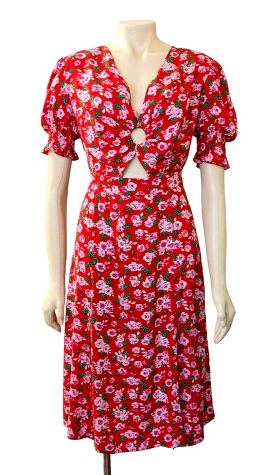 Dark Pink London Floral Dress Sz 12 Fit & Flare Midi Cut Out Front