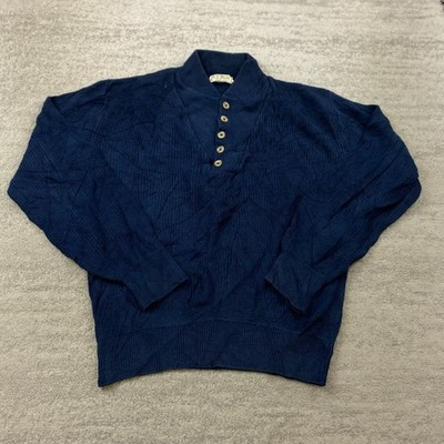 Vintage LL Bean Mock Shawl Henley Sweatshirt Large Blue Ribbed Outdoors 70s 80s