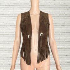 Vintage 70s Suede Fringe Vest - Brown With Silver Medallions Xs Western
