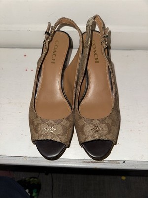 Coach Ferry Shoes Signature C Jacquard Calf Brown Chesnut 10 B Peep Toe Wedge