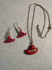 Red Hat Society Ladies Necklace & Earrings, Charms Dangle Red/Purple Hats
