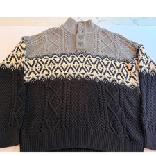 LL Bean Signature Mens Gray Fair Isle Cotton Fisherman Henley Sweater Large NWT