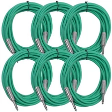 6 Pack of 25 Foot Green TS to TS Patch Cables PA/DJ Cords 1/4 Inch TS Mono
