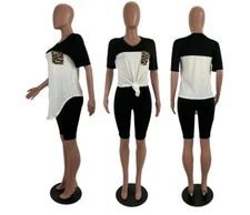 Women Patchwork Short Sleeve Top+Short Skinny Pants Two Piece Set Tracksuit #JS