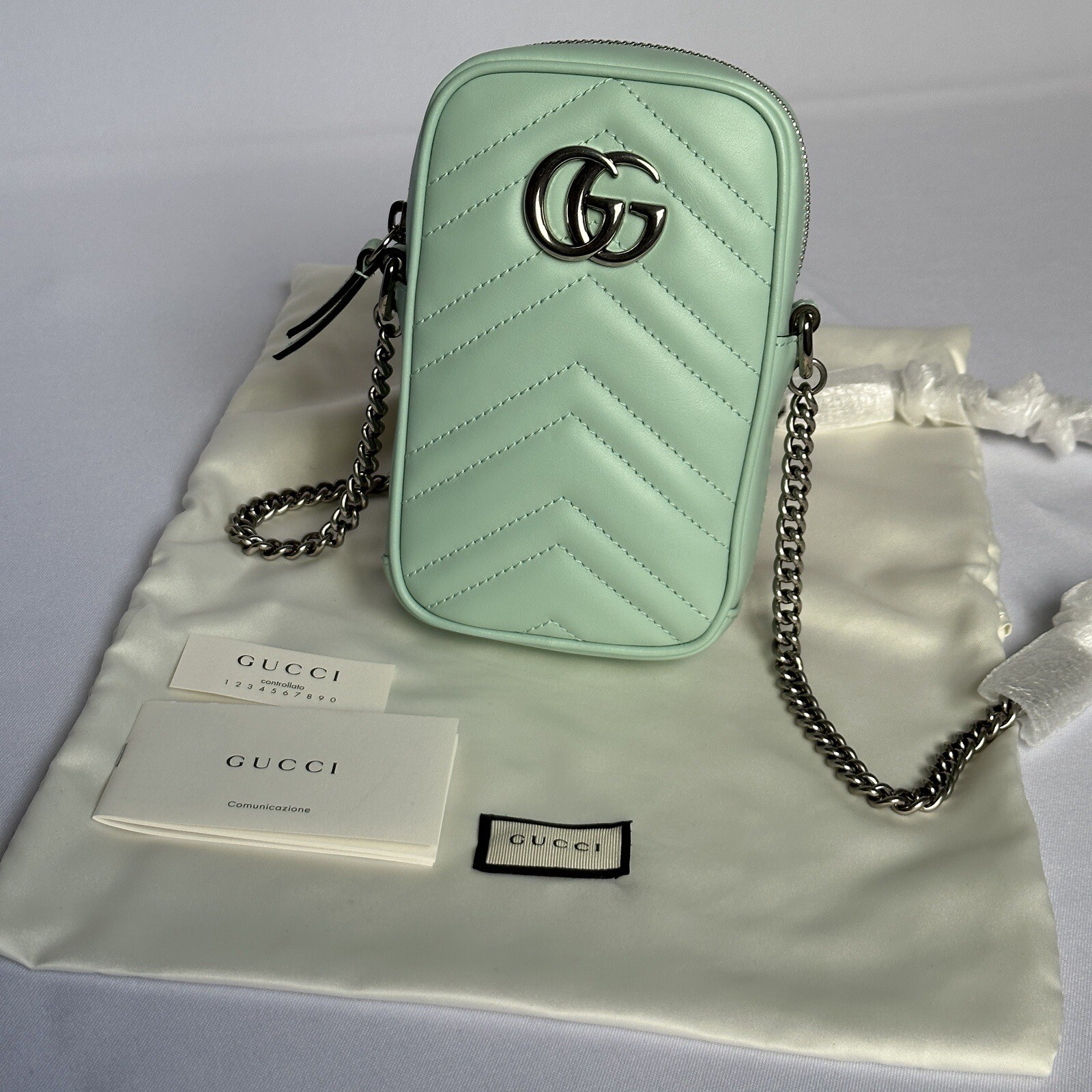 NWT Gucci GG Marmont Vertical Phone Crossbody Bag Matelasse Leather Mini Blue