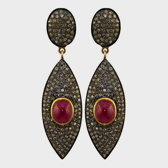Natural Rosecut Diamond Ruby Solid 925 Silver Handmade Victorian Earring Jewelry