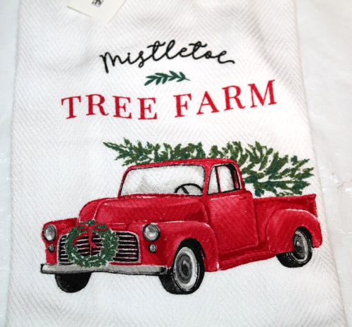 Christmas Themed Flour Sack Towel Red Truck With Tree Mistletoe White Cotton - Picture 2 of 3