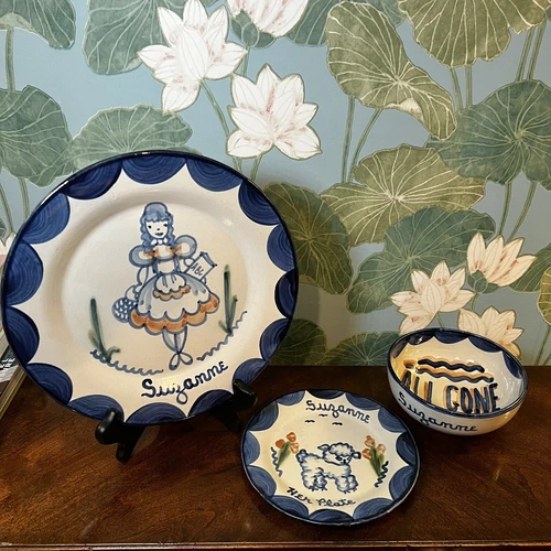 John B Taylor Ceramics 3 pcs Blue White Hand-Painted SUZANNE 2 Plates 1 Bowl