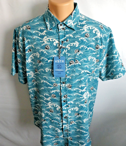 VSTR Men's L Shirt 4 Way Stretch Turquoise Waves & Skull Poly/Spandex Blend - Picture 3 of 8