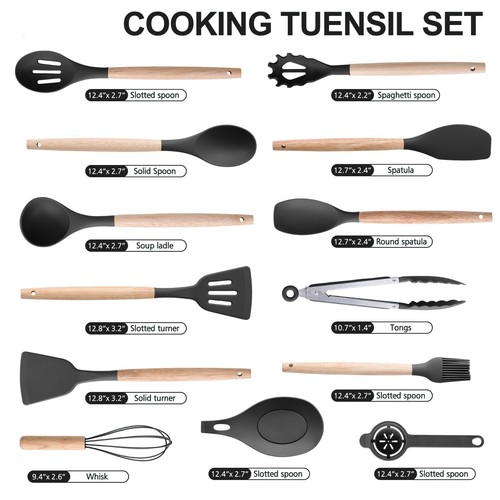 14x Silicone Kitchen Cooking Utensils Set with wooden Holder Pot Gray Pink Green - Picture 10 of 28