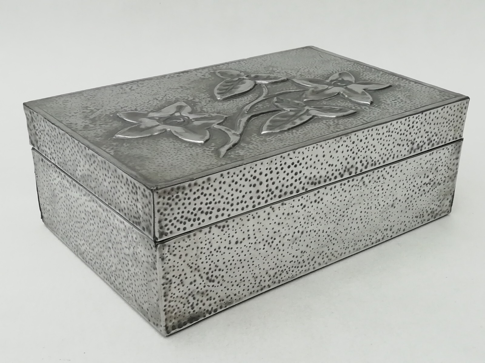 Vintage Pewter Covered Wood Hinged Jewellery Trinket Box Embossed
