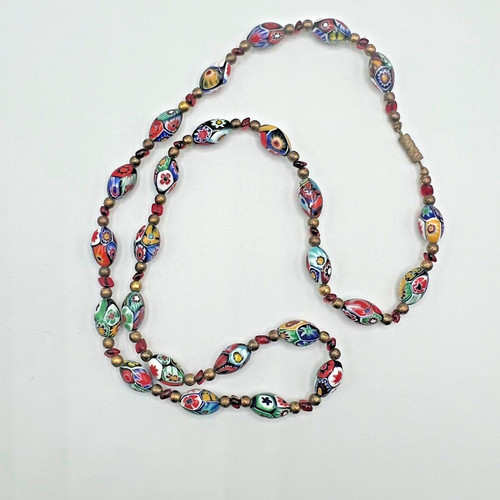 Estate Vintage Venetian MURANO MILLEFIORI Multicolor Oval Glass Bead Necklace