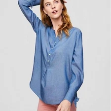 LOFT(SizeXXS) Blue Chambray Soft Denim Button Plackett Tie Cuff Sleeve Tunic Top