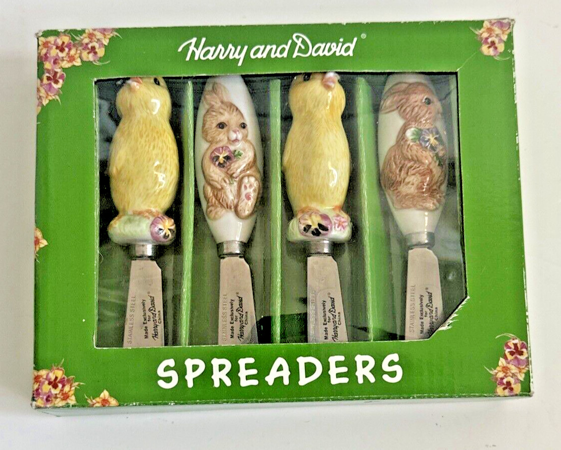Harry And David Easter Décor Chicks & Bunnies 4 Ceramic Sterling Knife Spreaders