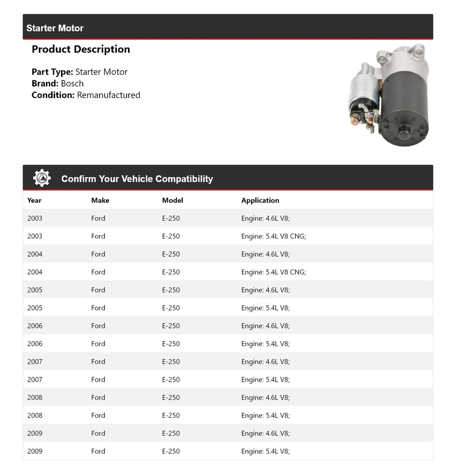 Arranque Bosch para Ford E-250 2003-2009 (remanufacturado) 2004 2005 2006 2007 2008 Foto 2 de 4