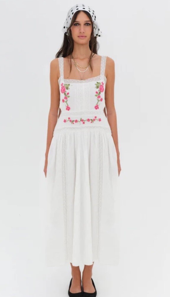 For Love & Lemons Jolene Embroidered Side Tie Midi Dress XS | eBay
