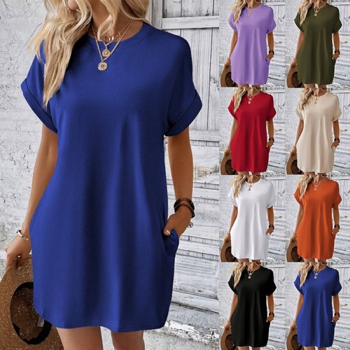 Womens Short Sleeve Mini Dress Summer Casual Plain Loose Pockets T-Shirt Dresses