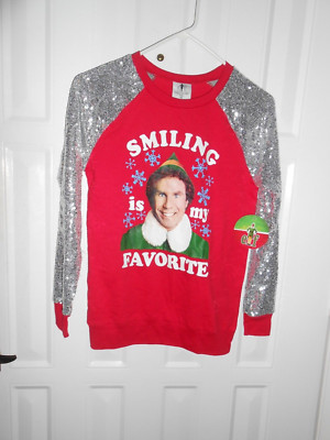 Elf Red T Shirt Long Sleeve Sequin Smiling is my Favorite Extra Small NWT