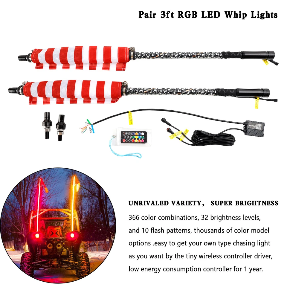 2*3ft RGB LED Whip Lights Antenna W/ Flag Remote Control For Polaris RZR UTV ATV - Image 4 of 4