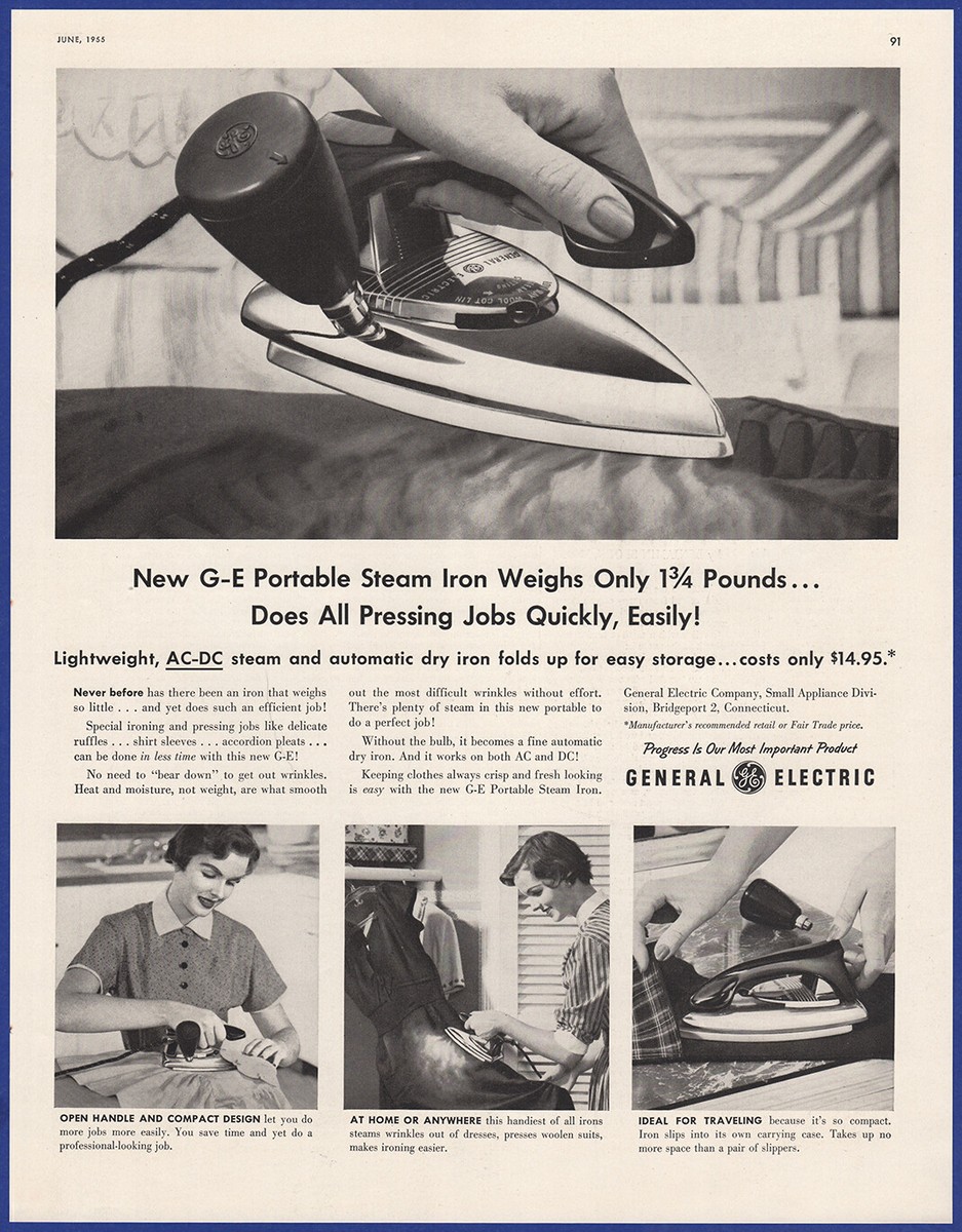 Vintage 1955 GENERAL ELECTRIC Portable Steam Iron Appliance 1950&rsquo;s 