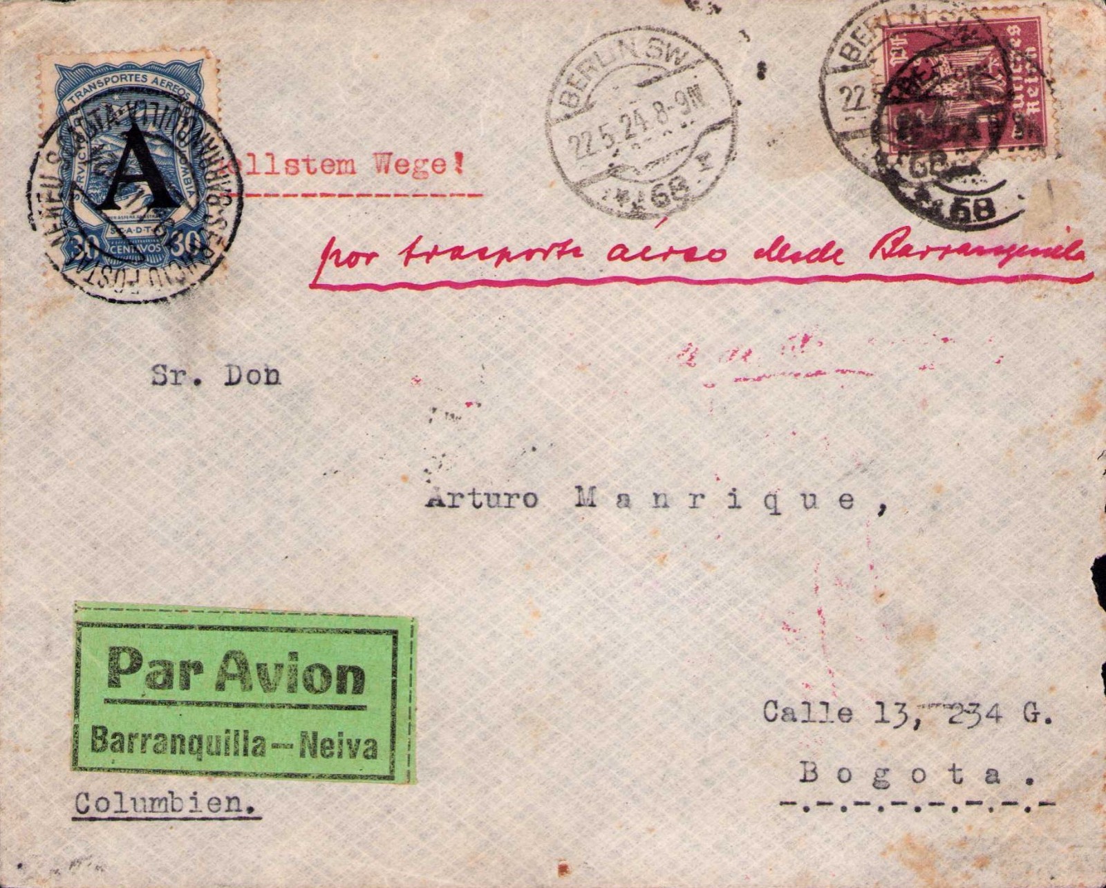GERMANY - COLOMBIA - SCADTA - 30c CONSULAR COVER - BERLIN to BOGOTA - 1924