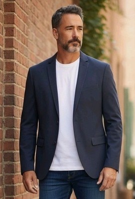 H&M Men Slim-Fit Navy Blue Single-Breasted Two-Button Blazer Jacket Preppy SZ M