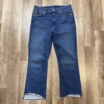 Mother Insider Crop Step Fray Jeans Womens 30 Blue High Rise Raw Hem Flare