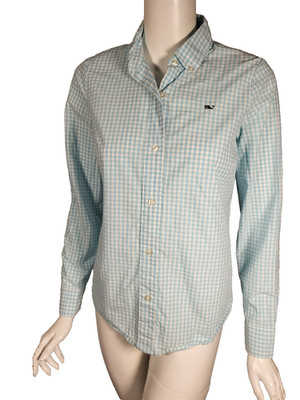 VINEYARD VINES Sky Blue White Gingham Cotton Whale Logo Button Front Shirt sz 2