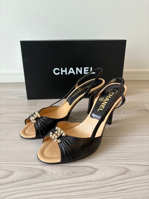 CHANEL Pumps Open Toe Coco Mark Pearl Leather Black Size EU