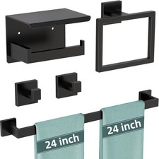 5-Pieces Matte Black Bathroom Hardware Accessories Set, 24 Inch Stainless Steel
