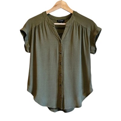 Blu Pepper Blouse Relaxed Fit Button Down Rolled Sleeves Olive Green Small