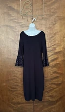 Dressbarn Long Bell Sleeve Sheath Sweater Dress Womens M Navy Blue Rayon Knit