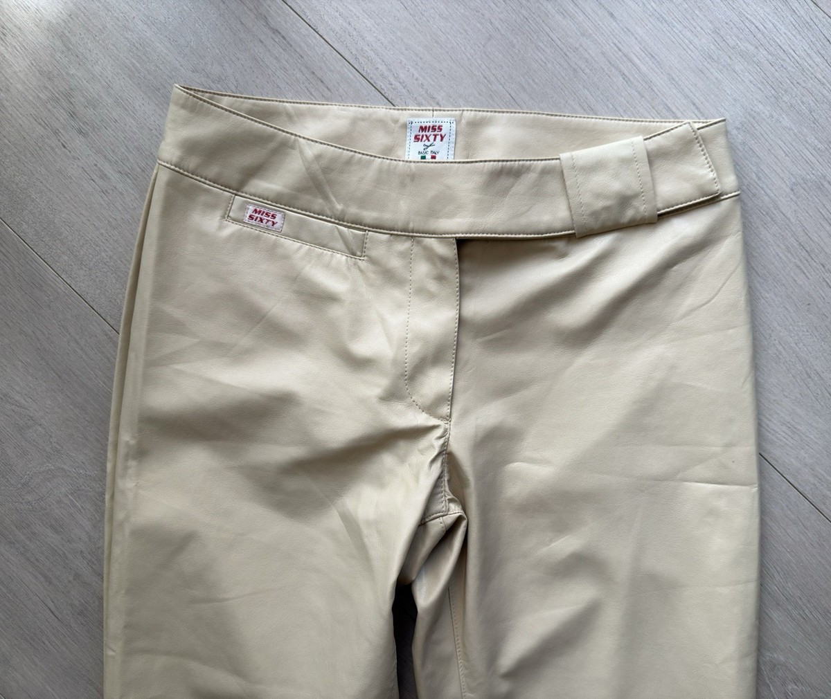 Miss Sixty vintage Faux Leather Beige y2k Flared Pants 2000`s Size