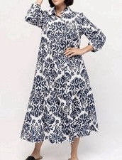 Zara Women Large Shirt Dress Blue White Tiered Light Cotton Button Front Summer