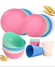 GEZANA Wheat Straw Plates and Bowls Set for 4, (Spring Four Colors)
