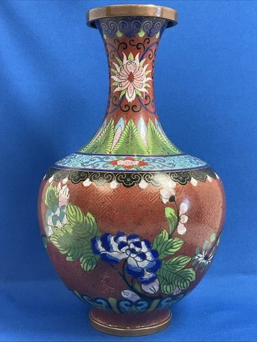 Chinese Cloisonne Enamel and Metal  Globular Vase Floral Design Large
